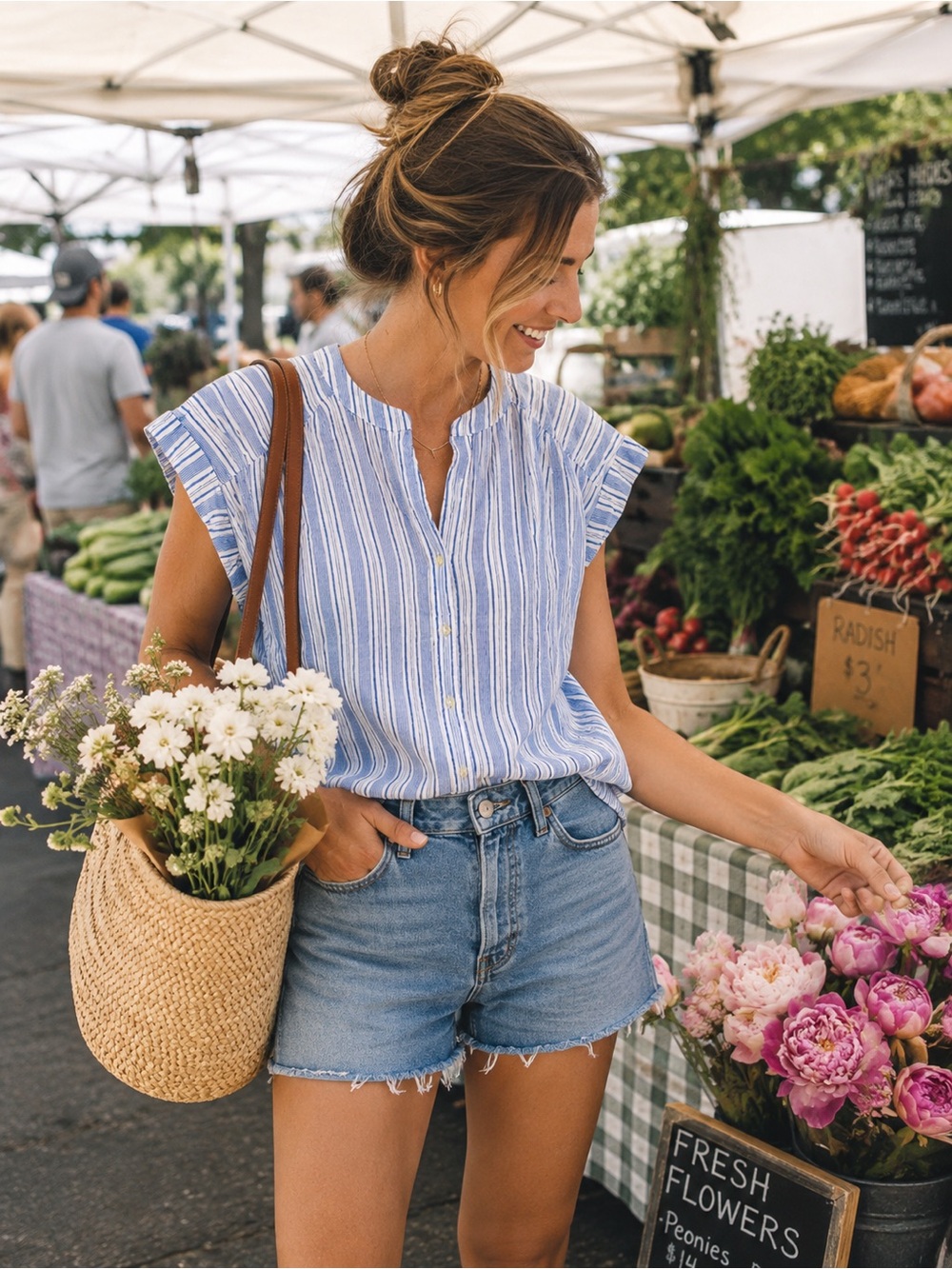 LOFT Blue and White Striped Cap-Sleeve Blouse